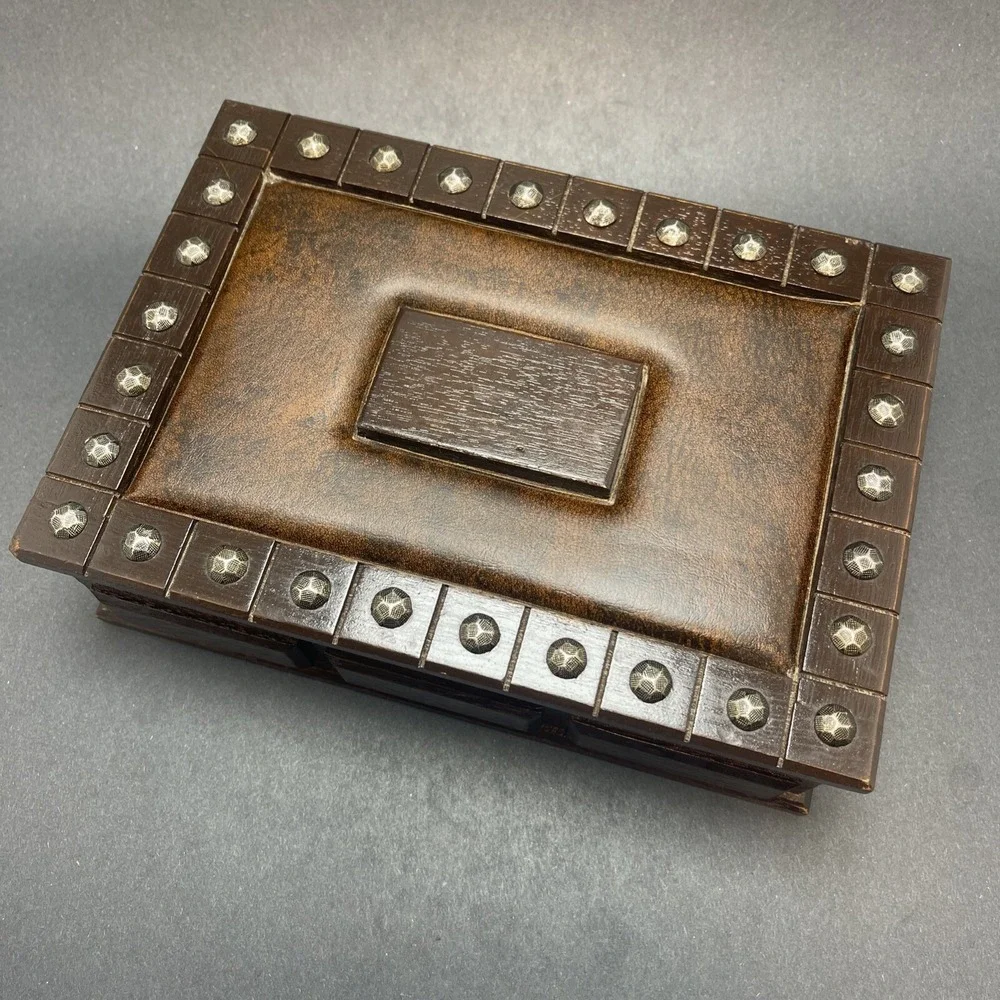 Vintage London Leather Wood & Leather Jewelry Box, Brass Studs Gold Velvet Lined